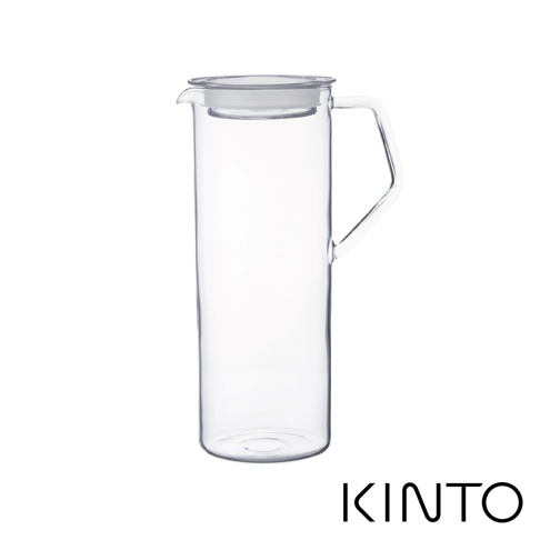 透明耐熱玻璃水瓶，帶有白色玻璃蓋和傾斜的玻璃手柄。