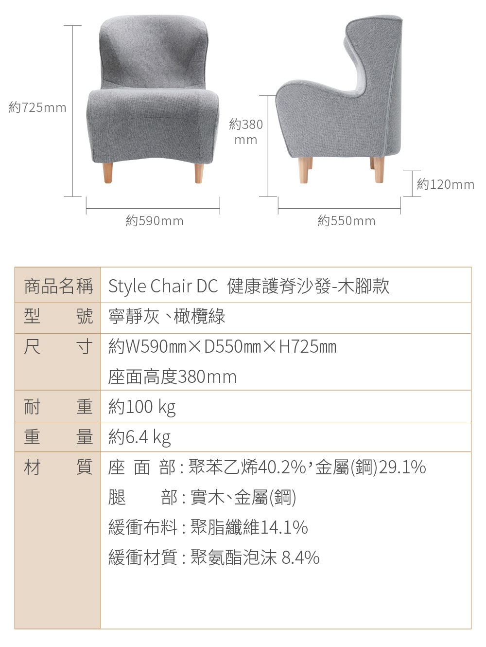 灰色布藝單人座椅，木質椅腳，椅背約725mm高，座面高度約380mm，寬度約590mm，側面寬度約550mm。