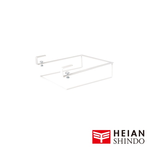 白色金屬製免鑽櫥櫃砧板架，具有可調節的夾持臂和螺絲，用於固定在櫥櫃下方。