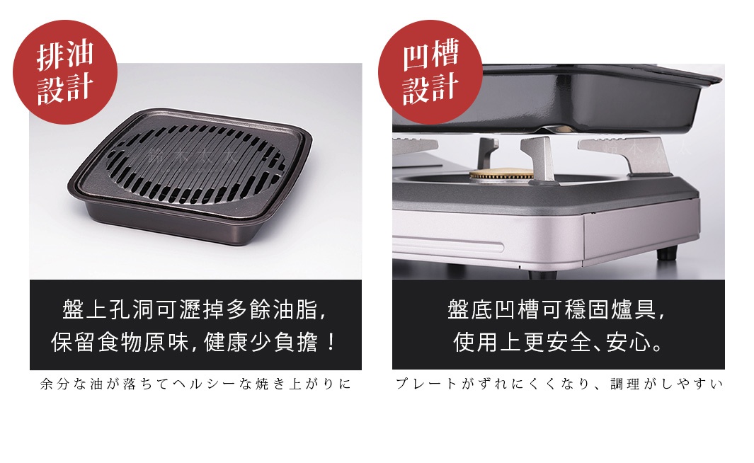 卡式爐專用鑄鐵烤盤，黑色，有圓孔設計的烤面，盤底有凹槽設計，可固定於卡式爐上。