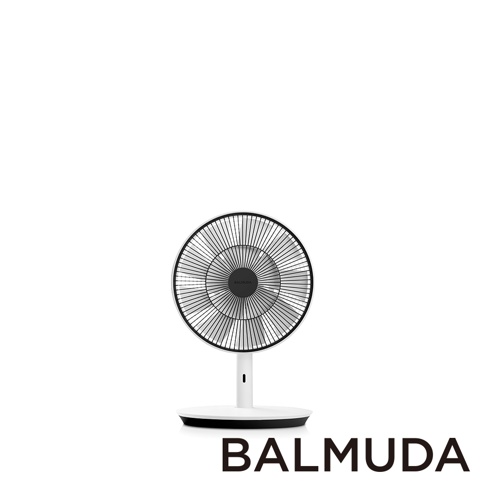 The GreenFan 風扇，白色機身，黑色網罩，圓形扇葉，簡約設計，底部為黑色圓盤底座。