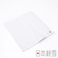 一張純白色今治超長棉方巾，材質柔軟，表面有細緻織紋，右下角繡有「hiarie」品牌標誌及日本國旗圖案。