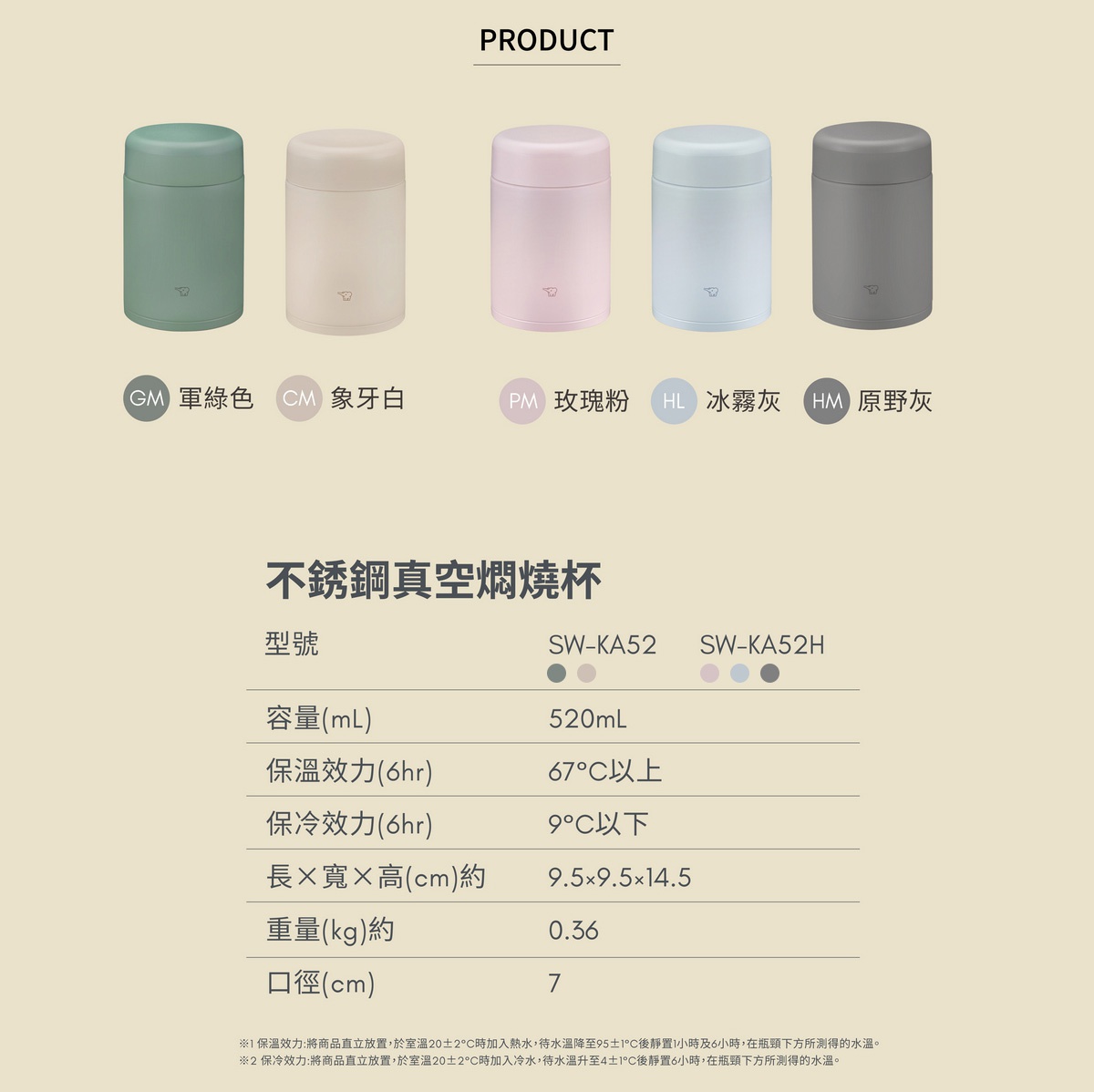 不鏽鋼一體式杯蓋真空燜燒杯，共有軍綠色、象牙白、玫瑰粉、冰霧灰、原野灰五種顏色，容量520mL。