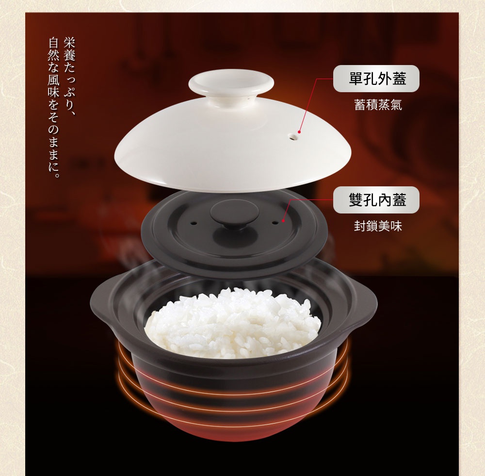 直火系列雙蓋炊飯陶鍋，褐白色陶鍋盛裝飽滿米飯，上方疊放黑色雙孔內蓋與白色單孔外蓋，鍋身外圍有橘色加熱紋路。