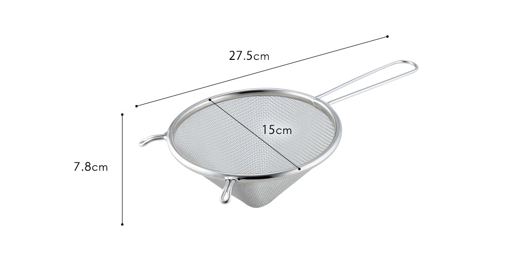 不鏽鋼錐型濾網，網篩直徑15公分，總長27.5公分，濾網高度7.8公分，帶有銀色金屬手柄。