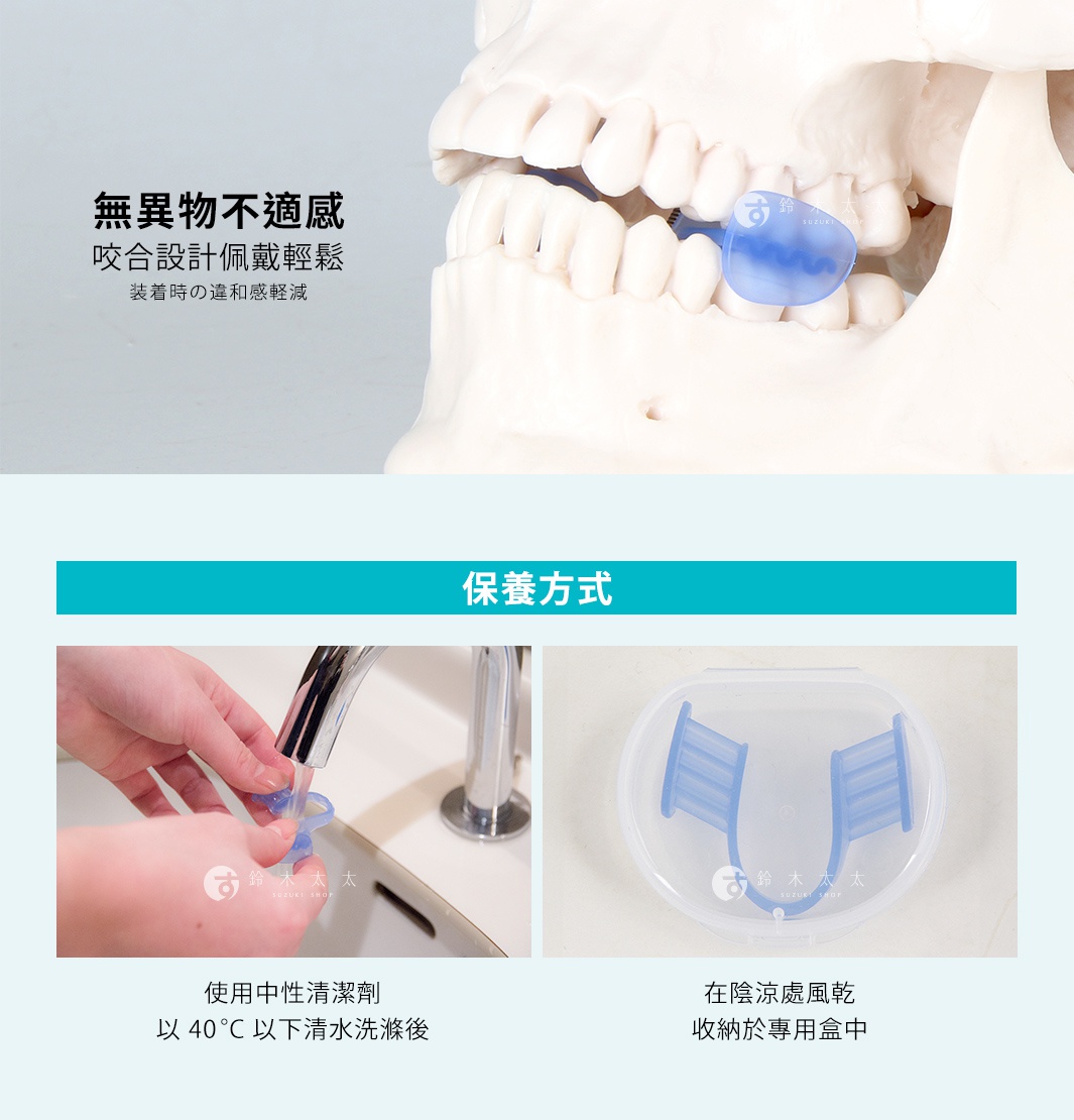 藍色矽膠睡眠防磨牙靜音牙套，展示於模型牙齒上，並有清洗與收納的示意圖。