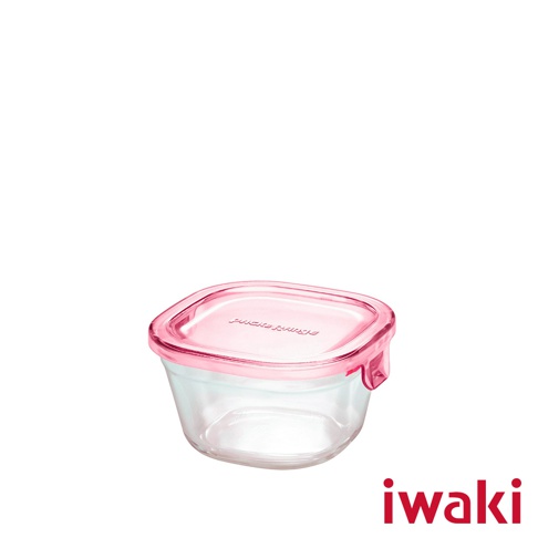 透明耐熱玻璃方形保鮮盒，配有粉紅色密封蓋。