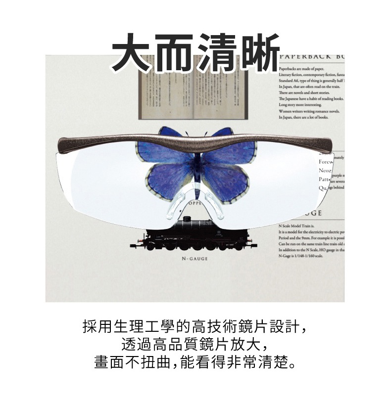 圖片文字：大而清晰 採用生理工學的高技術鏡片設計，透過高品質鏡片放大，畫面不扭曲，能看得非常清楚。