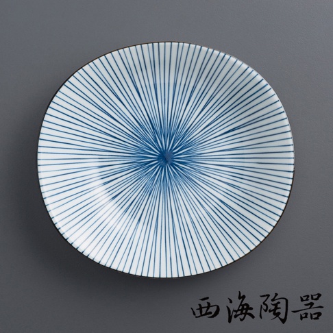 波佐見燒職人手繪系列淺盤，白色陶瓷盤面，佈滿放射狀深藍色細線條紋，盤緣為黑色。