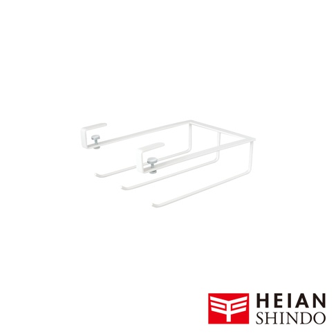 白色金屬製櫥櫃毛巾架，設有兩個可懸掛毛巾的橫桿，並以螺絲固定於櫥櫃邊緣。