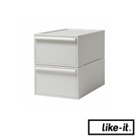 like-it 品牌白色可堆疊抽屜式收納箱，共兩層，每層皆有把手
