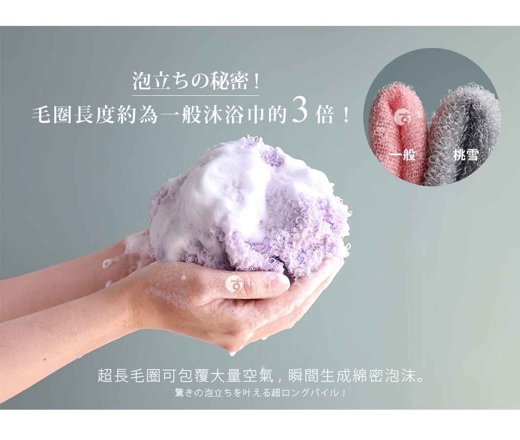 毛圈長度約為一般沐浴巾的3倍！

超長毛圈可包覆大量空氣，瞬間生成綿密泡沫。

驚きの泡立ちを叶える超ロングパイル！
