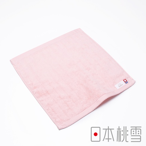 粉色今治超長棉方巾，質地柔軟，帶有品牌標籤。