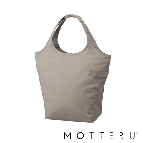 一個淺灰色的摺疊托特袋，具有簡約的設計和兩個提把，袋身側面有一個淺灰色的織帶裝飾。
