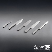 五把不同尺寸的志津匠 Nude+ 廚刀，以灰階背景呈現，刀柄均有品牌標誌。