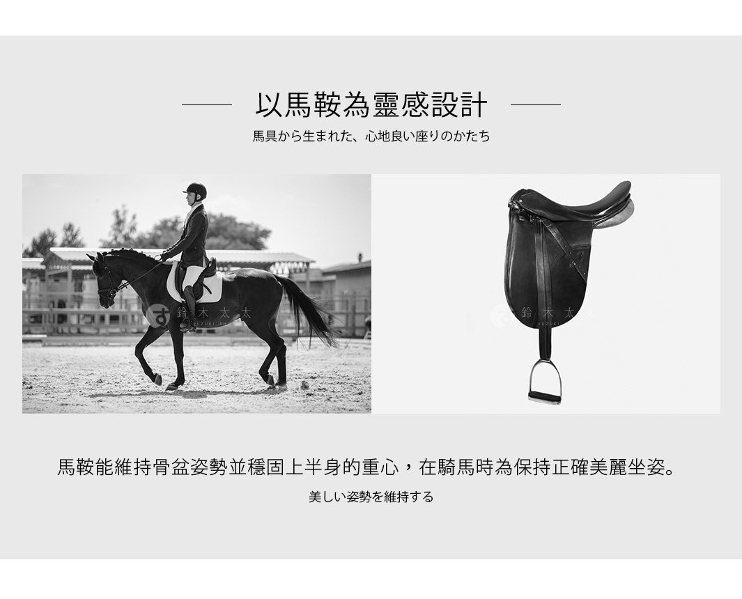 黑白照片展示了騎手騎在馬上的畫面，以及一張馬鞍的特寫。馬鞍為黑色皮革製成，帶有馬鐙。