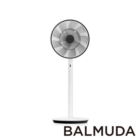 The GreenFan 風扇，白色機身，黑色扇網，圓形底座，簡約現代設計。