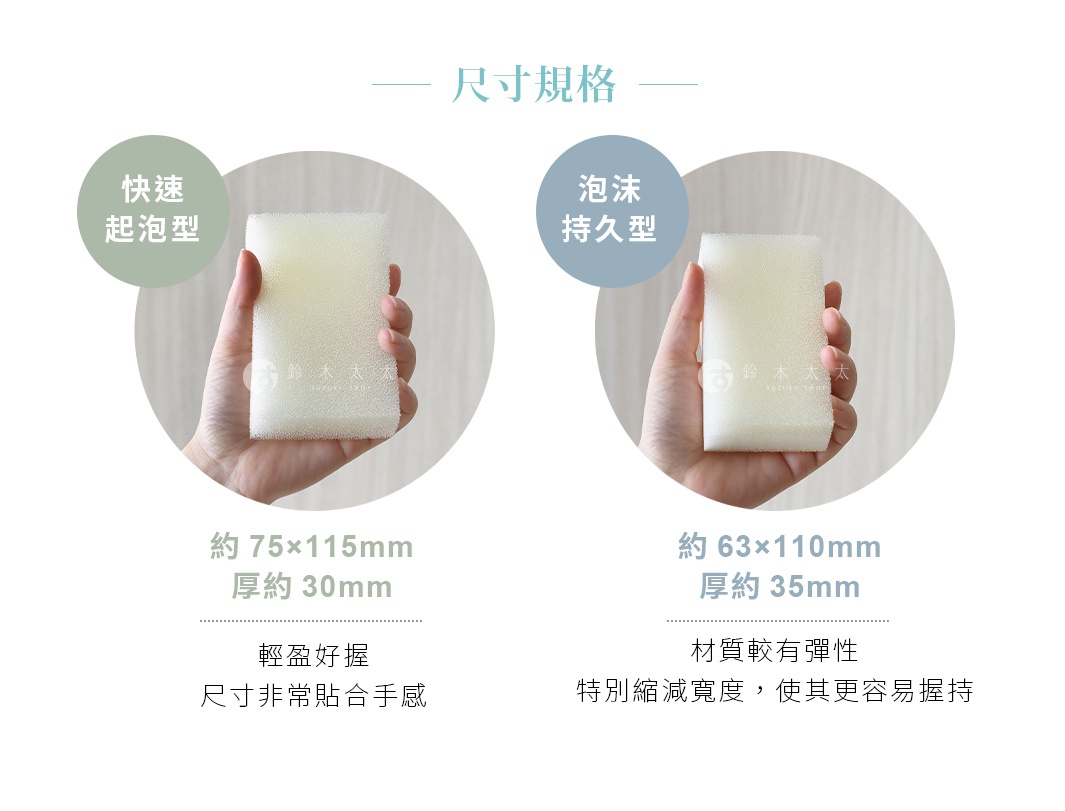 日本桃雪awamon快速起泡型洗碗海綿，尺寸約75x115mm，厚度約30mm，好握好拿，尺寸貼合手感