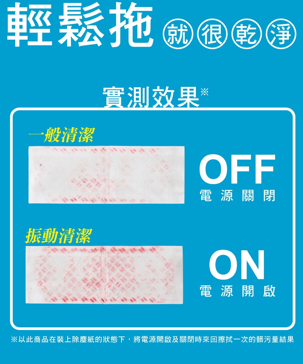 兩塊白色拖布，一塊標示「一般清潔」及「OFF 電源關閉」，另一塊標示「振動清潔」及「ON 電源開啟」，展示電動平板拖把 SWD-A 的清潔效果比較。