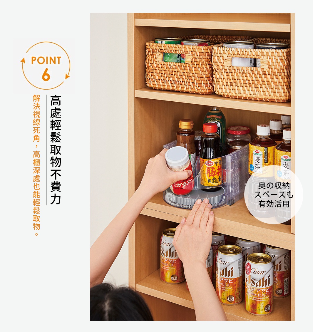 透明橢圓形旋轉收納盤，盤內裝有各式調味品瓶罐，盤外是木製層架，展示著兩籃編織收納籃及多罐啤酒。