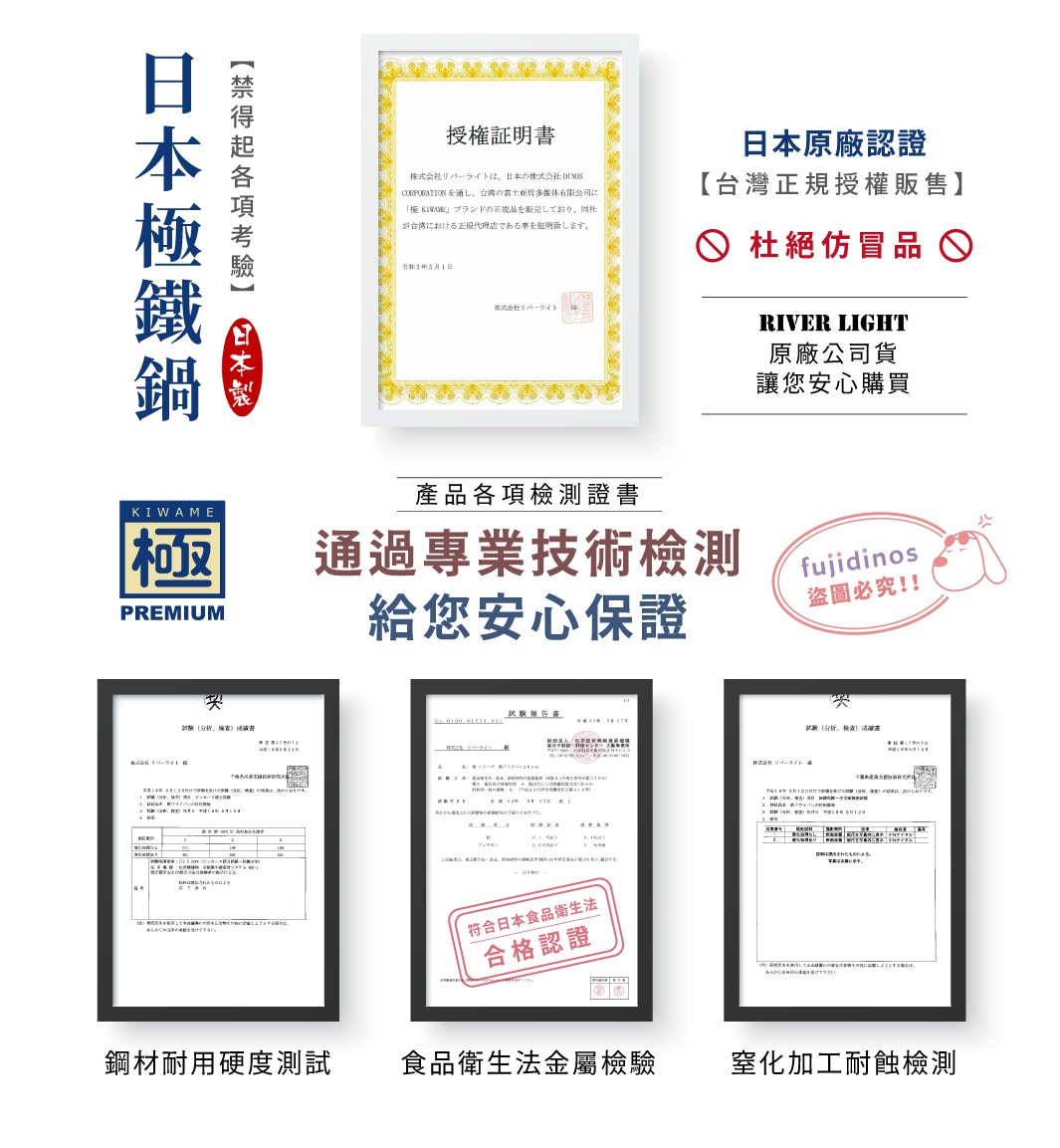 日文「極」字與「PREMIUM」標誌，以及三份檢測證書，分別為鋼材耐用硬度測試、食品衛生法金屬檢驗、以及窒化加工耐蝕檢測合格證明。