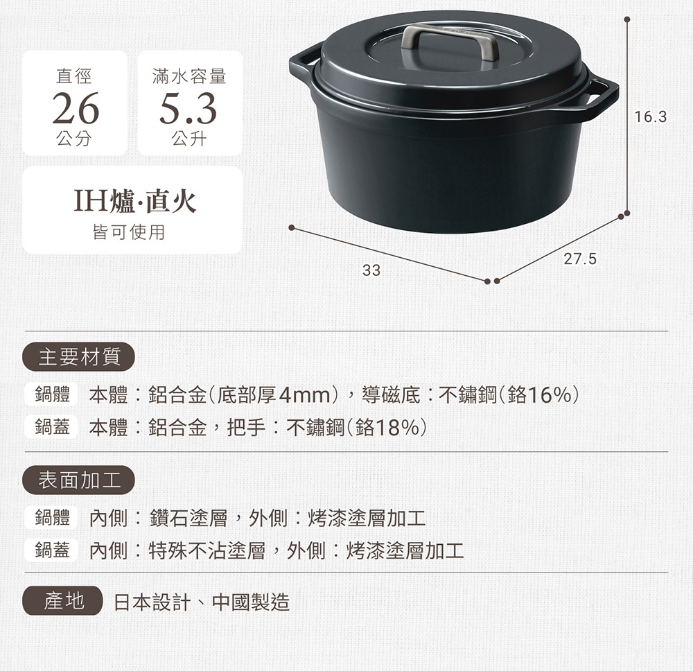 COTOCO 萬用無水調理鍋26cm，顏色為黑色，鍋身與鍋蓋皆為鋁合金材質，鍋蓋把手為不鏽鋼。鍋身底部厚度4mm，導磁底為不鏽鋼，內側有鑽石塗層，外側為烤漆塗層。