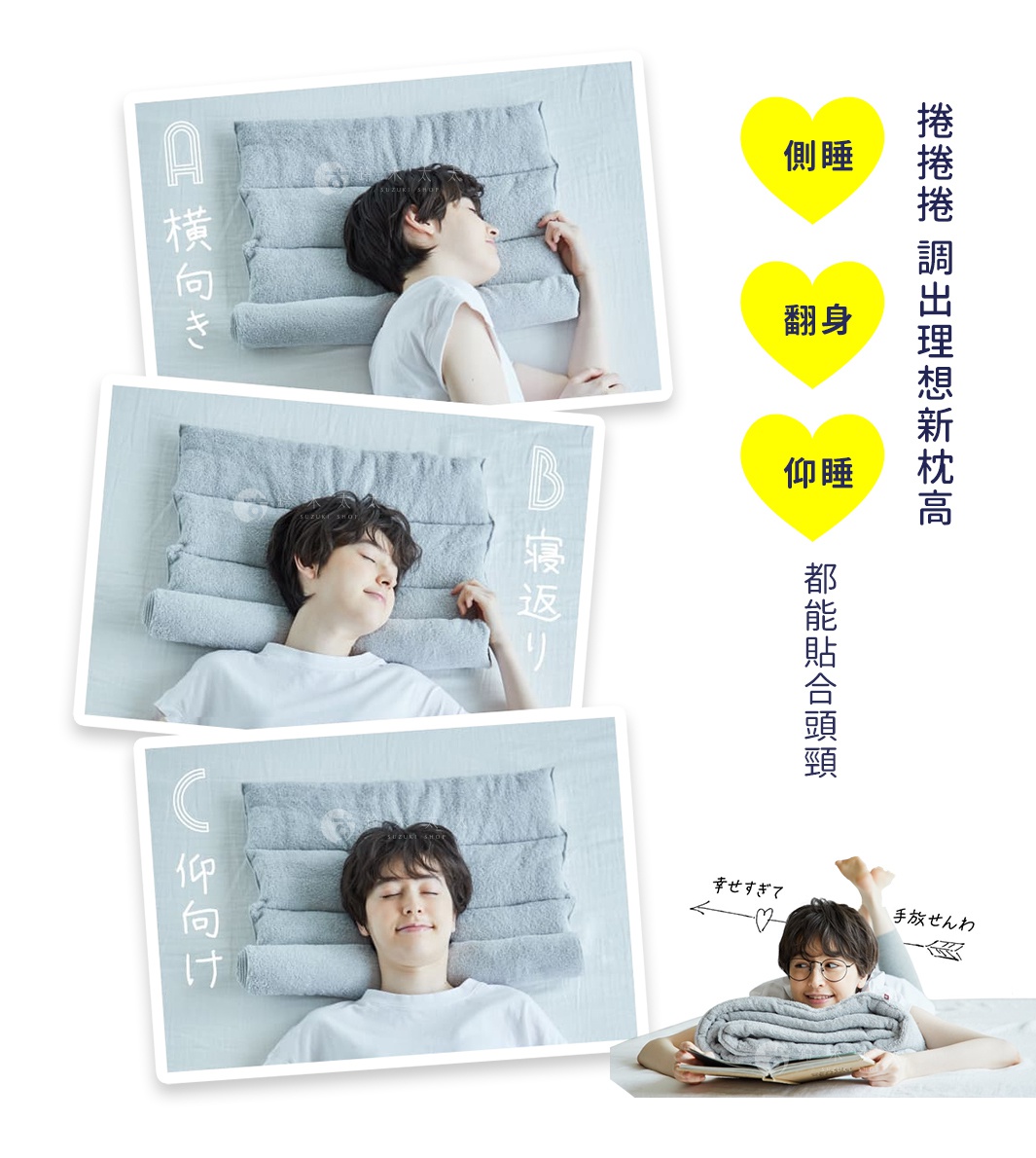 視覺描述模式 圖片展示了三種不同的睡姿，強調了此款捲捲快眠今治毛巾枕的支撐性，從左至右分別為側睡、翻身和仰睡，並配有日文說明。