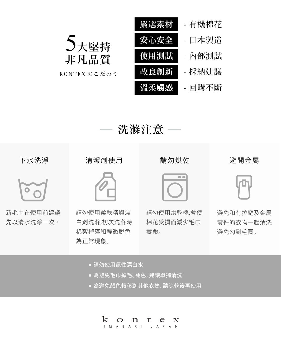 圖片文字：KONTEX 5大堅持非凡品質包含嚴選素材、安心安全、使用測試、改良創新、溫柔觸感。洗滌注意事項說明需先以清水洗淨新毛巾，清潔時請勿使用柔軟精與漂白劑，避免與拉鍊或金屬零件衣物共洗，不可使用烘乾機。另提醒請勿使用氯性漂白水，建議單獨清洗並晾乾後再使用以避免掉毛、褪色或顏色轉移。下方標示品牌為KONTEX IMABARI JAPAN。