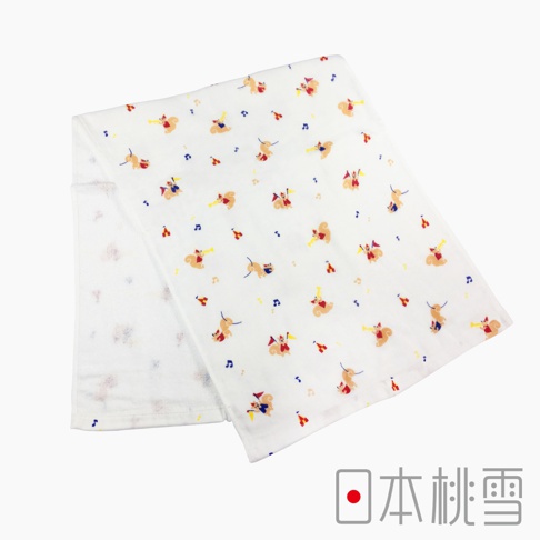 白色紗布毛巾，印有「小小馬戲團」圖案，包含吹奏樂器的小動物、音符及小旗子，顏色有黃色、紅色、藍色和棕色。