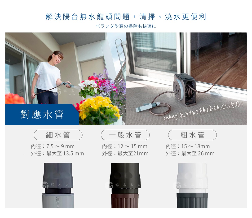 圖片文字：解決陽台無水龍頭問題，清掃澆水更便利。適用於細水管，內徑七點五至九毫米，外徑最大至十三點五毫米；一般水管，內徑十二至十五毫米，外徑最大至二十一毫米；粗水管，內徑十五至十八毫米，外徑最大至二十六毫米。takagi系列分水轉接頭也適用，圖片展示一位女性在陽台使用水管澆花，以及水管捲盤連接室內地板的情況。