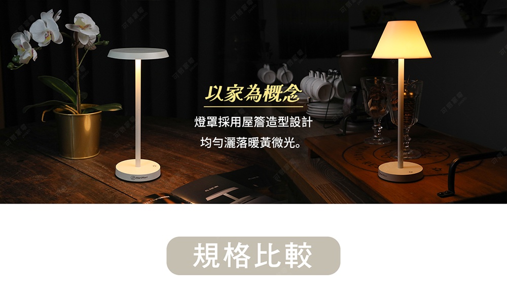 LED T-Light CAFE XL 傘型高版造型燈，有兩種款式：左側為白色圓形燈罩，右側為白色傘形燈罩，兩者皆為簡約的白色燈柱和圓形底座設計，散發暖黃光。