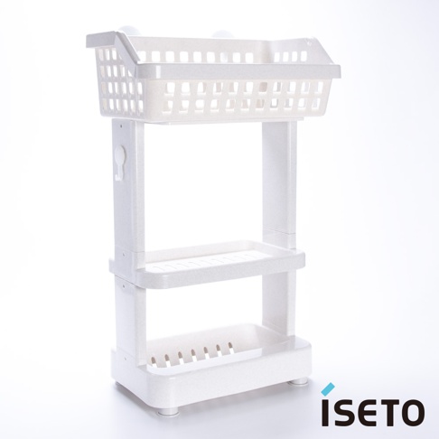 白色塑膠三層浴室收納架，頂部為帶有網格孔洞的置物籃，中間層為帶有排水孔的淺盤，底部為帶有條狀排水孔的較深收納槽。