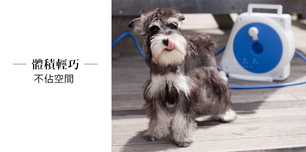 白色塑膠材質的捲管器，帶有藍色圓形裝飾和提把，旁邊是藍色水管，一隻銀灰色雪納瑞正在舔嘴。