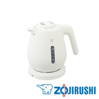 白色快煮壺，壺身為圓潤設計，帶有透明水位指示器，上面標示0.4至1.0公升的刻度。壺蓋頂部有操作按鈕。底部為白色底座。