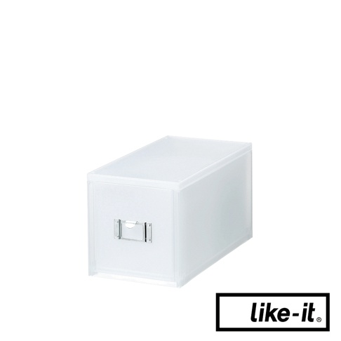 半透明白色塑膠製成的窄版可疊式收納盒，正面設有金屬把手。