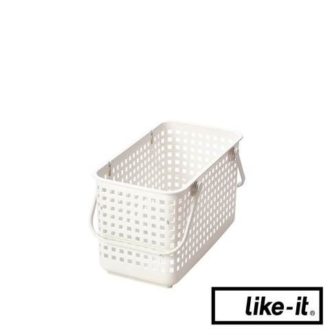 白色塑膠夾縫洗衣提籃，帶有網格狀鏤空設計和兩個提把，可堆疊收納。