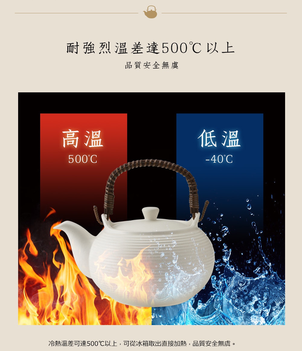 白色陶土茶壺，帶有編織提把，可承受 500°C 的溫差。