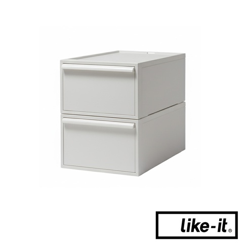 like-it 品牌白色可堆疊抽屜式收納箱，共兩層，每層皆有把手