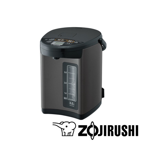 深灰色金屬外殼的微電腦電熱水瓶，頂部有黑色面板，顯示屏和按鈕。側面有透明水位計，標有1.0、2.0、3.0升刻度，底部標有「4.0L CD-NAF40」。