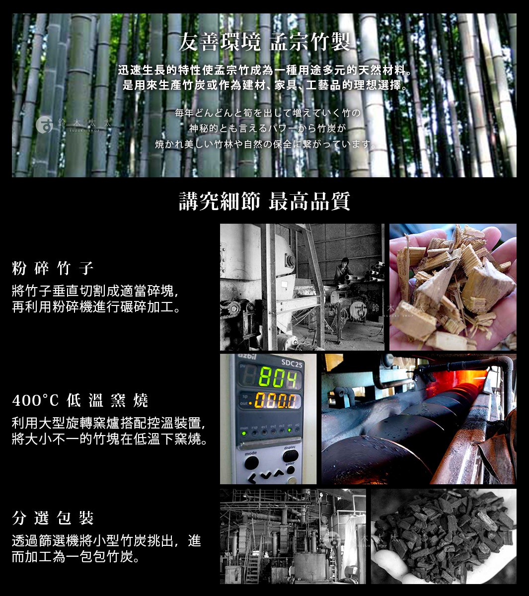 400°C低溫窯燒
利用大型旋轉窯爐搭配控溫裝置，將大小不一的竹塊在低溫下窯燒。

透過篩選機將小型竹炭挑出，進而加工為一個個竹炭床墊。
