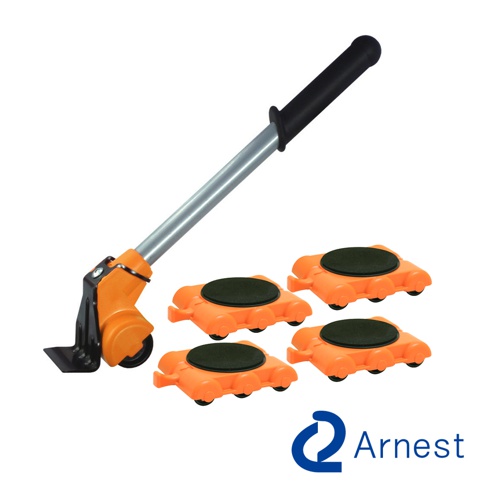 一個橙色和銀色的家具起重器，配有黑色握把，旁邊有四個橙色的迷你家具移動器，頂部有黑色圓形墊。