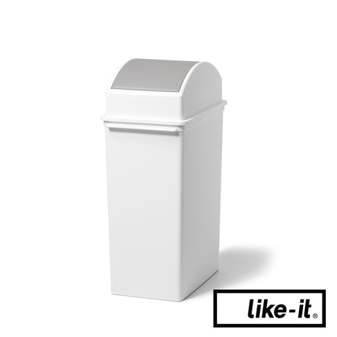 一個高版、方形的白色塑膠垃圾桶，配有灰色搖蓋式頂部，整體設計簡潔。