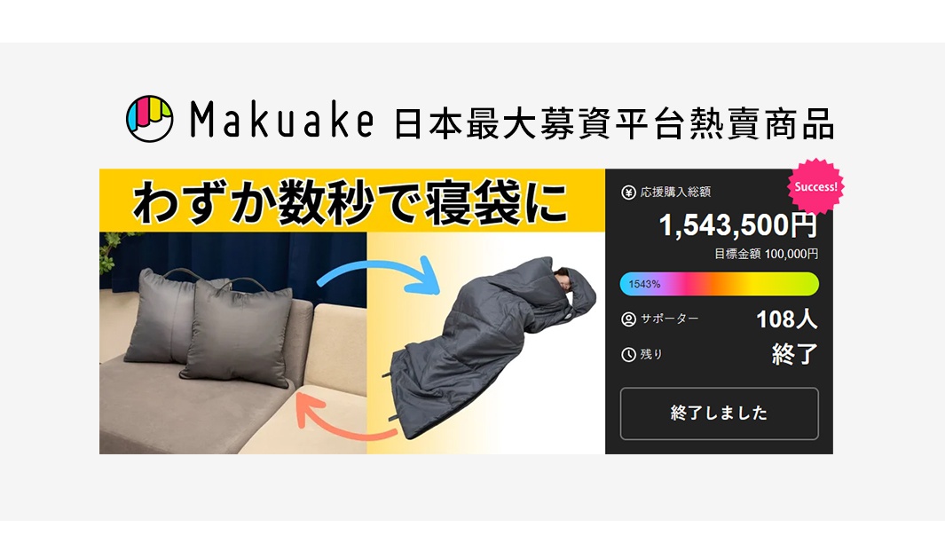 Makuake 日本最大募資平台熱賣商品，將抱枕快速變成睡袋，專案成功募得 1,543,500 日圓，達成率 1543%，共有 108 位贊助者。
