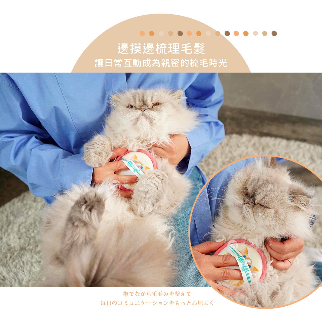 一位穿著藍色襯衫的人正在溫柔地撫摸並幫一隻長毛貓梳理毛髮，貓咪閉著眼睛看起來十分享受，手持一個圓形帶有花紋綁帶的 Nippon Seal 貓咪專用浮毛梳理刷。