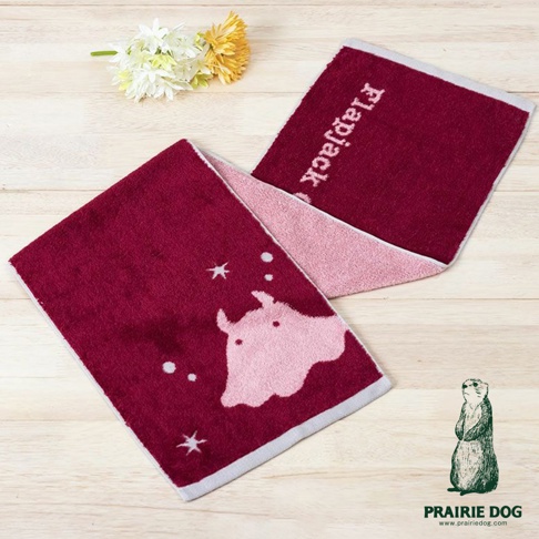 深紅色運動毛巾，一面繡有粉紅色動物圖案及星星，另一面繡有白色「Flapjack」字樣，毛巾邊緣為淺灰色。