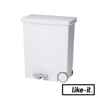 白色寬型腳踏式分類垃圾桶，容量 33L，配有灰色腳踏板和兩個灰色邊緣的白色輪子，整體為簡潔設計。