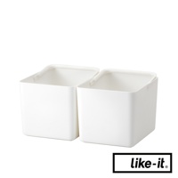 like-it 品牌的手提式白色居家萬用分隔收納盒大款，兩入一組，有兩個盒子緊密擺放在一起，特寫鏡頭展示了盒子的上方邊緣和提把，右下角有 like-it 的品牌標誌。