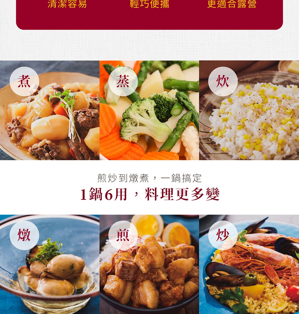 COTOCO 萬用無水調理鍋 MKSN-S20 共有三色，圖片展示了烹煮、蒸煮、燉煮、滷、煎、炒六種料理方式，包含燉牛肉、蒸蔬菜、玉米飯、滷味、煎肉塊、海鮮炒飯等。