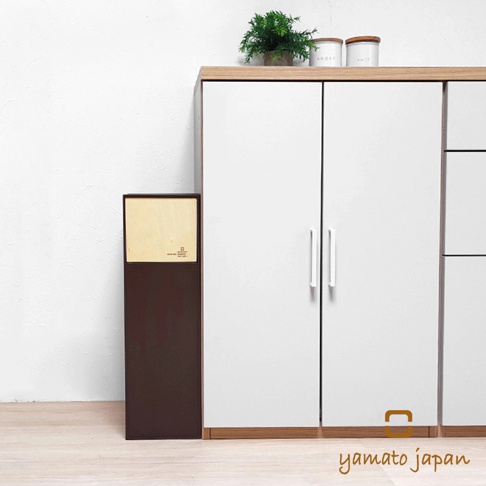 深棕色和淺木色調的DOORS S前開式隙縫可堆疊垃圾桶，置於白色門櫃旁。