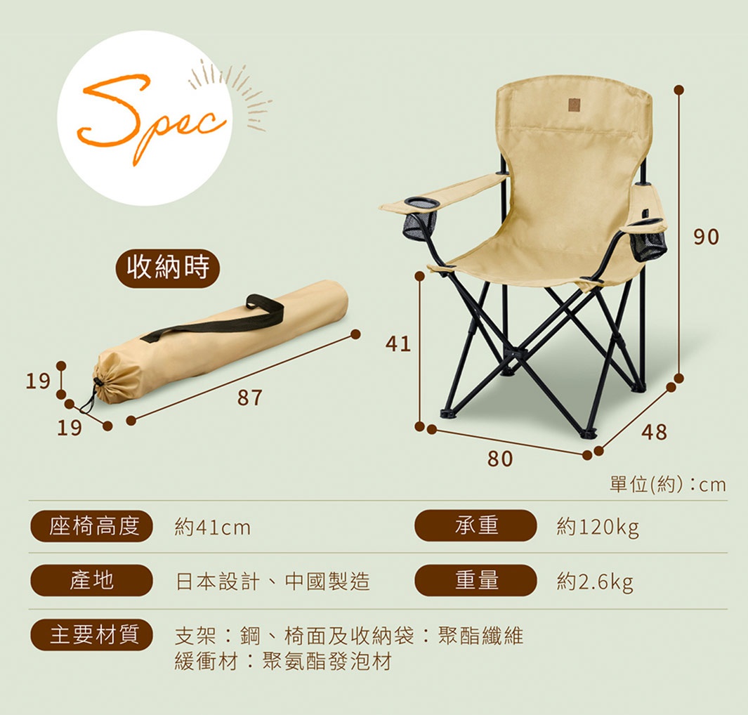 露營摺疊野餐椅，米色，鋼製支架，聚酯纖維椅面及收納袋，附有置杯架。產品尺寸為展開時高90公分、寬80公分、深48公分，座高41公分；收納時長87公分、寬19公分。